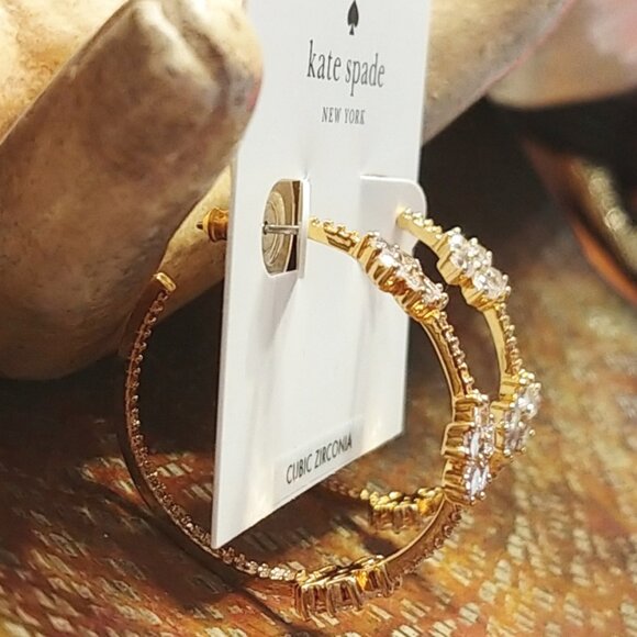 Kate Spade Gleaming Garden Flower Gold In/Out Hoop Post Earrings w/Cubic Zir NWT - Picture 2 of 7
